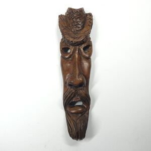 Hand Carved Wooden Man’s Face With Hat Wall Hanging Vintage Folk Art 14" Long